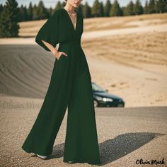 Olivia Mark - High-Waisted Wide-Leg Jumpsuit with Batwing Sleeves Green V-neck Jumpsuit For Work, Fitted Green Jumpsuit With Pockets, Chic Green Jumpsuits And Rompers For Fall, Chic Green Formal Jumpsuit, Fitted Green Jumpsuits And Rompers For Work, Green Fitted Jumpsuits And Rompers For Work, Fitted Green Jumpsuits And Rompers For Fall, Green Fitted V-neck Jumpsuit, Formal Green Long Sleeve Jumpsuit