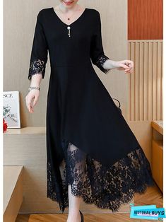 Fall A-line Dress With Lace Trim, Elegant Dress With Lace Trim And Asymmetrical Hem, Fit And Flare A-line Dress With Lace Trim, Plus Size Black Dresses, Elegant Casual Dress, Women's A Line Dresses, Fairy Skirt, Maxi Long Dress, Evening Dresses With Sleeves