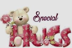 a teddy bear holding a pink rose in its paws and the words hugs spelled out