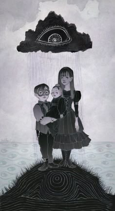 two children are standing under an umbrella in the rain