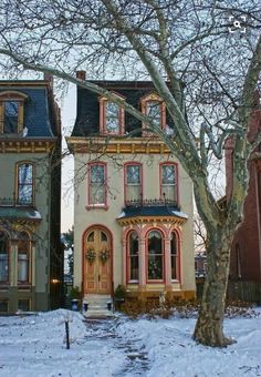 two large houses are in the snow near a tree