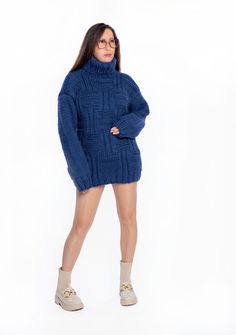 Very Beautiful Women Pattern Sweater, Thick, Heavy and Hot Jumper for lovely wife gift. 100% hand knit 100% luxury edition  100% pure wool Some clothes have soul ❤️ If you want to feel special, unique, comfortable, warm and cosy - you are at the right place!  We are very glad to present you this luxury wool sweater. It's fit elegant, stylish and you will love in it at the first sight!  We made this item to feel beautiful with any elegant and casual look.   This luxury sweater is made by absolute Casual Wool Sweater Dress For Winter, Casual Wool Sweater Dress, Oversized Blue Turtleneck Sweater, Blue Long Sleeve Turtleneck For Fall, Winter Blue Turtleneck With High Neck, Blue Oversized Turtleneck Sweater, Blue Knit Long Sleeve Turtleneck, Blue Chunky Knit Turtleneck Sweater, Blue Funnel Neck Sweater For Winter