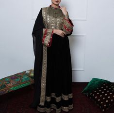 Traditional Large Velvet Black Afghani Long Dress With Scarf, New, Not Worn. Full Length 58” Sleeves Length 22 1/2” Velvet Wedding Dress, Afghani Dress, Dress With Scarf, Pakistani Style, Dresses Traditional, Afghan Clothes, Chiffon Scarf, Space Opera, Family Wedding