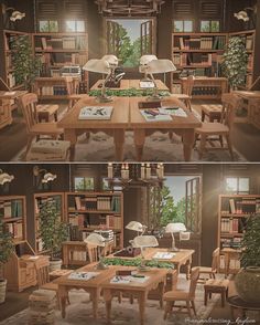 there are two pictures of the same room with tables and bookshelves in it