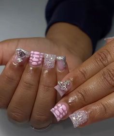 Short Square Gem Nails, Birthday Duck Nails Acrylic, Chrome Nails Ideas, Gem Nail Designs, Junk Nails, Cute Short Nails