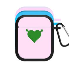 a pink and blue case with a green heart on the front, hanging from a hook