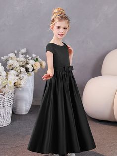 Short Sleeves Satin Junior Bridesmaid Dresses With Belt Junior Bridesmaid Dresses, Junior Bridesmaid, Satin Material, Satin Dresses, Special Occasion, Short Sleeves, Satin, Bridesmaid Dresses, Dresses