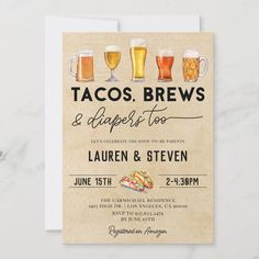 a beer themed birthday party card with three glasses of beer on the front and two mugs of beer on the back