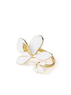 ivory white gold plated enamel detail floral motif crystal embellishment 3D detailing thin band slip-on style Shanghai Tang, Ginger Flower, Enamel Ring, Demi Fine Jewelry, Iconic Bags, Enamel Flower, Floral Jewellery, Crystal Embellishment, Fine Earrings