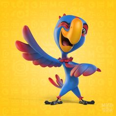 a cartoon bird with an orange beak and blue wings, standing in front of a yellow background