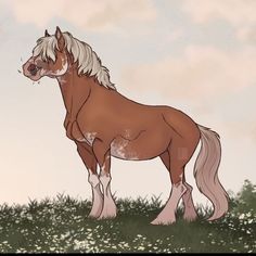 a brown horse standing on top of a lush green field next to a sky filled with clouds