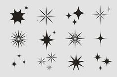 black and white stars on a light gray background, set of nine different shapes illustration