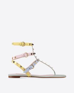 Contrasting applications,Buckle,Leather sole,Round toeline, Valentino Rockstud Shoes, Valentino Rockstud Flats, Rockstud Flats, Valentino Sandals, Luxurious Fashion, Colored Sandals, Studded Flats, Valentino Rockstud