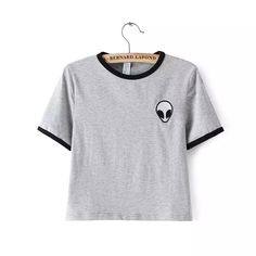 FREE SHIPPING WORLDWIDE SPEC.: M- SHOULDER 37CM BUST 82CM LENGTH 46CM SLEEVE 16CM 1INCH=2.54CM Fashion Alien, Contrast Collar Shirt, Shirts Crop Tops, Alien Shirt, Black Tees, Shirts Crop, Crop Top Casual, Crop T Shirt, Ladies Tee Shirts