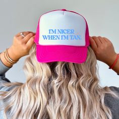 "Get ready to turn heads and spread good vibes with our hilarious yet stylish 'I'm Nicer When I'm Tan' Neon Trucker Hat! Whether you're lounging by the pool, hitting the beach, or just soaking up some sun, this vibrant hat is your perfect companion. Crafted with high-quality materials and designed for both comfort and durability, this trucker hat features a bold neon design that's sure to brighten up any day. The playful phrase \"I'm Nicer When I'm Tan\" adds a touch of humor and personality, ma Trendy Snapback Cap For Vacation, Trendy Snapback Hat For Vacation, Trendy Snapback Hat With Flat Brim For Beach, Trendy Flat Brim Snapback Hat For Beach, Trendy Beach Snapback Hat With Flat Brim, Cute Letter Print Hats For The Beach, Fun Summer Hats With Letter Print, Cute Summer Trucker Hat With Flat Brim, Trendy Snapback Baseball Cap For Vacation