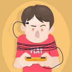 a boy holding a video game controller in his hands with the words play on it