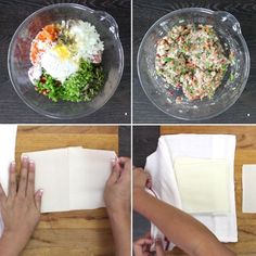 four pictures showing how to make an appetizer with rice and vegetables in it