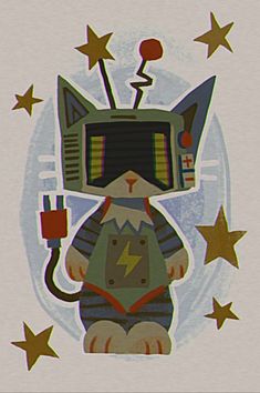 a drawing of a cat with a computer monitor on it's head, surrounded by stars