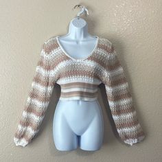 Shades Of Brown, Cream And White Banded Midriff 100% Cotton $17 Final Crochet Balloon Sleeve, Crochet Cropped Sweater, Crochet Balloon, Sleeve Crop Sweater, Shades Of Brown, Crop Sweater, Cropped Sweater, Colorful Sweaters, Sweaters For Women