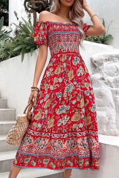 Hazel Blues® | Floral Off-Shoulder Smocked Midi Dress - Hazel Blues® Red Ruched Smocked Dress For Vacation, Casual Red Smocked Dress For Vacation, Red Smocked Dress With Smocked Back For Vacation, Red Casual Smocked Midi Dress, Casual Off-shoulder Smocked Dress, Bohemian Smocked Dress With Elastic Neckline, Red Bohemian Dress With Smocked Back, Red Smocked Casual Beach Dress, Casual Red Smocked Beach Dress