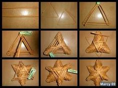 the steps to make a snowflake made out of sticks and wood are shown