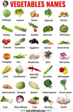 an image of vegetables names in english and spanish with pictures on the bottom right side