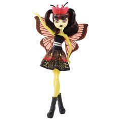 a doll with black hair wearing a dress and butterfly wings