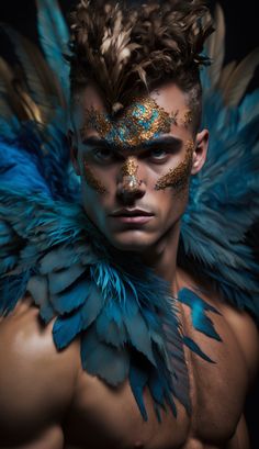 a man with blue feathers on his chest and gold paint on his face is posing for a photo