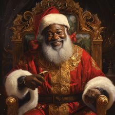 a painting of a black santa claus sitting in a chair with gold trimmings