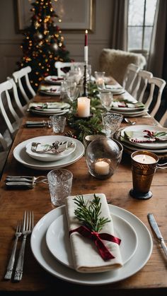 the table is set for christmas dinner with candles and place settings on it, along with silverware