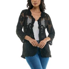 This unique and stylish women's scalloped edge crotchet open cardigan from Nina Leonard is sure to become a new favorite piece in your wardrobe.Click on this WOMEN'S GUIDE to find the perfect fit and more! This unique and stylish women's scalloped edge crotchet open cardigan from Nina Leonard is sure to become a new favorite piece in your wardrobe. Click on this WOMEN'S GUIDE to find the perfect fit and more! FEATURES No closure - open front 3/4-length sleeves Scalloped edge Crotchet constructio Spring Fitted Cardigan With Crochet Trim, Fitted Open Knit Outerwear With Open Front, Black Stretch Open Knit Cardigan, Fitted Open Front Open Knit Outerwear, Fitted Sweater With Crochet Trim, Fitted Fall Sweater With Crochet Trim, Fitted Sweater With Crochet Trim For Fall, Fitted Crochet Lace Cardigan For Fall, Fitted Crochet Trim Cardigan For Fall