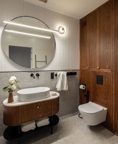 a bathroom with a toilet, sink and mirror on the wall next to wooden cabinets