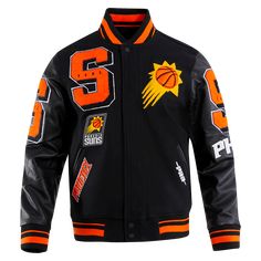 The Pro Standard Premium NBA Phoenix Suns Mashup Men's Rib Wool Varsity Jacket (Black) Yellowstone Apparel, Varsity Jacket Black, Nba Jacket, Mens Tracksuit, Varsity Jacket Women, Up Logo, Leather Varsity Jackets, Custom Leather Jackets, Cafe Racer Jacket