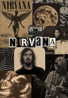 an image of nirvana collage with pictures and words on it's side, including the logo for nirvana