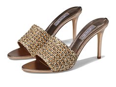 SJP by Sarah Jessica Parker Calico - Women's Shoes : Raffia Weave : Featuring a unique woven pattern with a lovely mix of colors on the upper and a sleek footbed, the SJP by Sarah Jessica Parker Calico Heels are enough to bring a glam update to your party look. Fabric upper. Leather lining and insole. Easy slip-on construction. Rounded open toe. Lofty stiletto heel. Leather outsole. Made in Italy. Measurements: Heel Height: 3 6 11 in Product measurements were taken using size EU 37.5 (US Women's Chic Gold Heels With Woven Sole, Elegant Gold Sandals With Woven Sole, Chic Heels With Textured Footbed, Party Sandals With Textured Footbed And Slip-on Design, Elegant Open Toe Heels With Textured Footbed, Chic Synthetic Heels With Woven Leather, Elegant Synthetic Sandals With Woven Leather, Summer Party Heels In Woven Leather, Party Sandals With Woven Sole And Synthetic Material