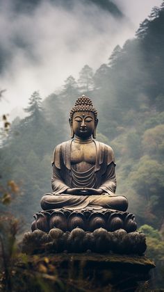 a buddha statue sitting on top of a rock in front of some trees and fog