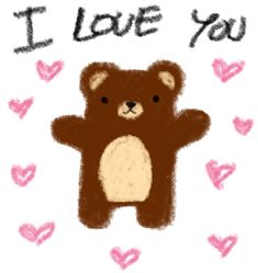 a brown teddy bear with i love you written on it's chest and hearts in the background