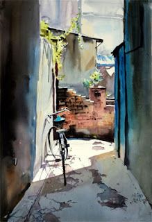 a painting of a bicycle parked in an alleyway