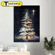 a christmas tree with lights on it is displayed in front of a wall mounted canvas