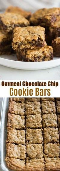 oatmeal chocolate chip cookie bars are stacked on top of each other and ready to be eaten