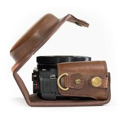 a camera with a leather case on it