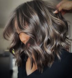 Gray Blonde Highlights On Brown Hair, Hair Color Ideas For Brunettes Blending Grey, Dark Brown Hair With Smoky Highlights, Subtle Ashy Balayage Brunette, Smoked Out Brunette, Auburn Hair Going Grey, Smokey Brunette Hair Balayage, Dark Brown Hair Ash Highlights, Brown Hair Grey Blending