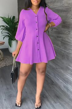 Temperament Solid Color V-neck Half Single Breasted A-Line Mini Dress Feminine Vibes, Bubu Gown Styles, Classy Short Dresses, 2piece Outfits, Chic Dress Classy, Simple Gowns, Dinner Dress Classy, Short Gowns, Purple Mini Dresses