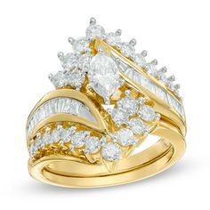 two pieces of gold and white diamond ring