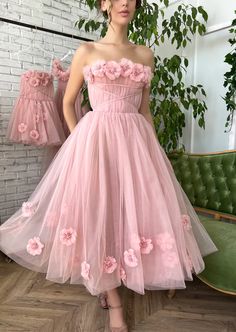 Peony Princess Midi Dress | Teuta Matoshi Light Pink Prom Dress, Teuta Matoshi, Tea Length Prom Dress, Beach Bridal Gown, Garden Wedding Dresses, Floral Prom Dresses, Pink Homecoming Dress, Pink Prom Dress, Pink Prom