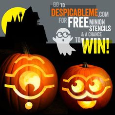 two pumpkins with faces carved into them and the words despicable me com for free - minion, stencils to win