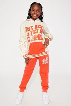 Available In Orange/combo. Long Sleeve Pullover Fleece Set Hooded 'The Best Is Yet To Come" Verbiage Elastic Waistband Full Stretch 100% Polyester Model Wears Size 10/12 Imported | Mini The Best Is Yet To Come Fleece Set in Orange size 6/6X by Fashion Nova Pullover Fleece, The Best Is Yet To Come, Kids Set, Yet To Come, Long Sleeve Pullover, Matching Sets, Fashion Nova, Size 4, Size 10