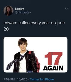 an image of a twitter post with the caption that reads, edward cullin every year on june