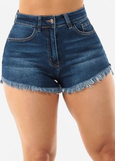 Super High Waist Frayed Denim Shorts Blue Frayed Denim, Stretchy Material, Denim Shorts, Zip Ups, Blue Color, High Waisted, Blue, How To Wear, Black