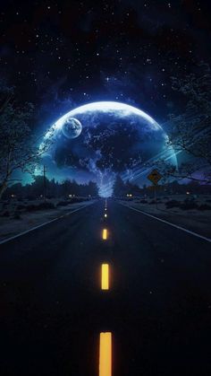 an empty road with the moon in the sky and trees on both sides, at night